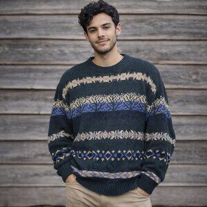 Vintage American Portrait Men's Green and Blue Patterned Sweater, Size Large